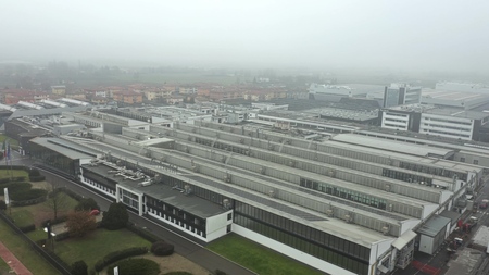 SANTAGATA BOLOGNESE, ITALY - DECEMBER 24, 2018. Aerial view of Lamborghini car factory and museumのeditorial素材