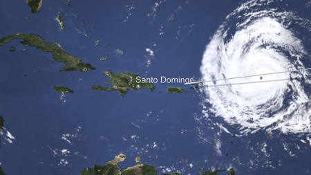 Route of a commercial plane flying to Santo Domingo, Dominican Republic on the map, 3D renderingの写真素材