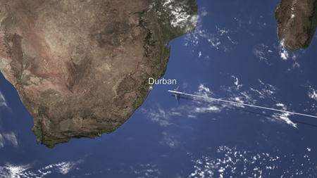 Airliner flying to Durban, South africa from east, 3D renderingの写真素材
