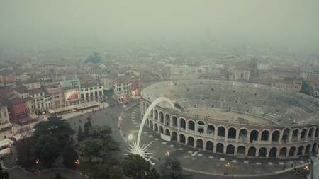 VERONA, ITALY - DECEMBER 21, 2018. Aerial view of Verona Arena and square Bra decorated for Christmas and New Yearのeditorial素材