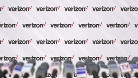 VERIZON company press conference, press wall with logo and mics, conceptual editorial 3D renderingのeditorial素材