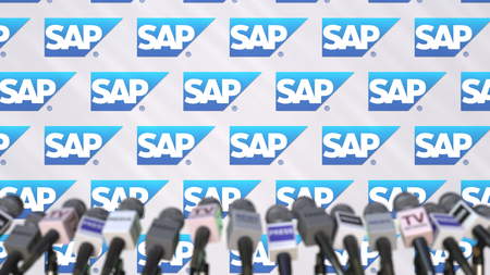 SAP company press conference, press wall with logo and mics, conceptual editorial 3D renderingのeditorial素材
