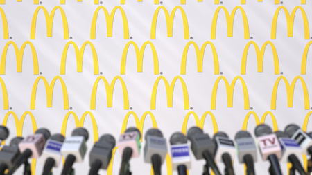 Media event of MCDONALDS, press wall with logo and microphones, editorial 3D renderingのeditorial素材