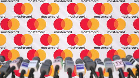 MASTERCARD company press conference, press wall with logo and mics, conceptual editorial 3D renderingのeditorial素材