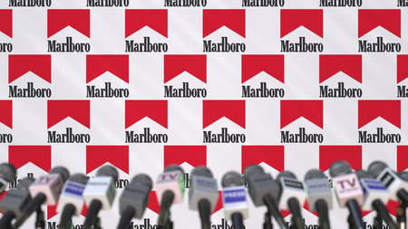 News conference of MARLBORO, press wall with logo as a background and mics, editorial 3D renderingのeditorial素材