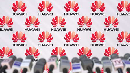 HUAWEI company press conference, press wall with logo and mics, conceptual editorial 3D renderingのeditorial素材