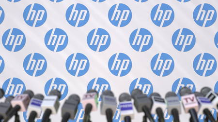 News conference of HP, press wall with logo as a background and mics, editorial 3D renderingのeditorial素材