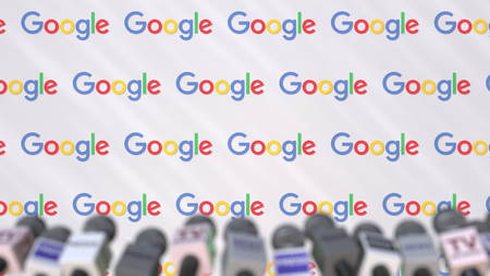 Press conference of GOOGLE, press wall with logo and microphones, conceptual editorial 3D renderingのeditorial素材