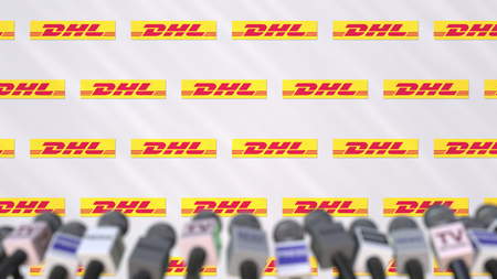 Press conference of DHL, press wall with logo and microphones, conceptual editorial 3D rendering