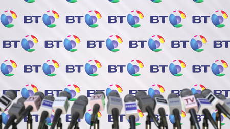 BRITISH TELECOM company press conference, press wall with logo and mics, conceptual editorial 3D...