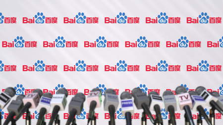 Media event of BAIDU, press wall with logo and microphones, editorial 3D renderingのeditorial素材