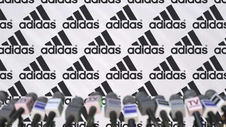 Media event of ADIDAS, press wall with logo and microphones, editorial 3D renderingのeditorial素材