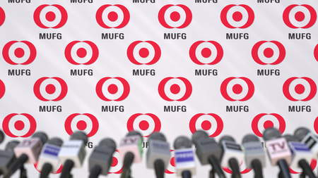 Mitsubishi UFJ Financial Group company press conference, press wall with logo and mics, conceptual editorial 3D renderingのeditorial素材