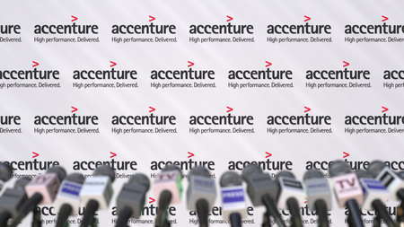 Press conference of ACCENTURE, press wall with logo and microphones, conceptual editorial 3D renderingのeditorial素材