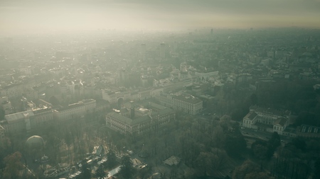 Aerial view of Milan cityscape on a hazy day. Lombardy, Italyの写真素材