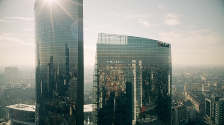 MILAN, ITALY - JANUARY 5, 2019. Aerial view of the UniCredit Tower reflecting the cityscapeのeditorial素材