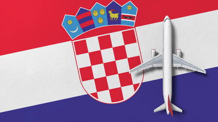 Airplane on the flag of Croatia. Flights related conceptual 3D renderingの写真素材