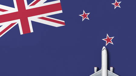 Commercial plane on the flag of New Zealand. Tourism related conceptual 3D renderingの写真素材