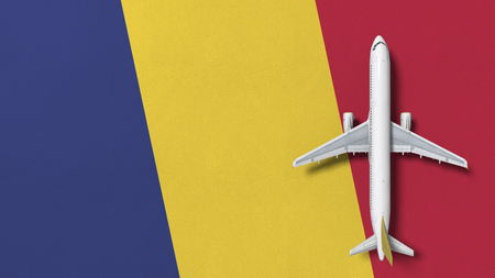 Top-down view of the airplane on the flag of Romania. Tourism related conceptual 3D renderingの写真素材