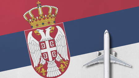 Top-down view of the airplane on the flag of Serbia. Tourism related conceptual 3D renderingの写真素材