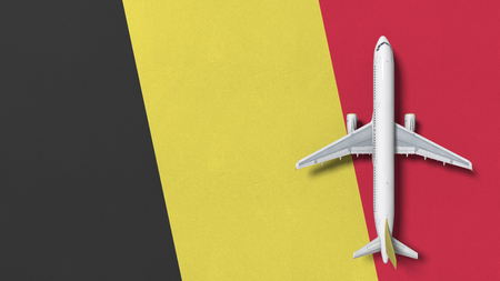 Top-down view of the airplane on the flag of Belgium. Tourism related conceptual 3D renderingの写真素材