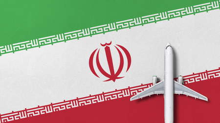 Commercial plane on the flag of Iran. Tourism related conceptual 3D renderingの写真素材