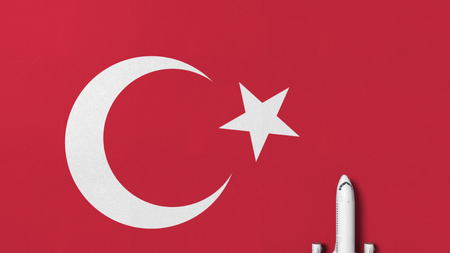 Commercial plane on the flag of Turkey. Tourism related conceptual 3D renderingの写真素材