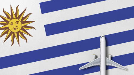 Top-down view of the airplane on the flag of Uruguay. Tourism related conceptual 3D renderingの写真素材