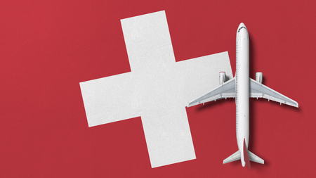 Top-down view of the airplane on the flag of Switzerland. Tourism related conceptual 3D rendering