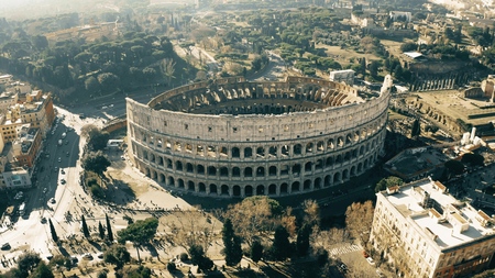 Aerial shot of Colosseum or Coliseum amphitheatre. Rome, Italyの写真素材