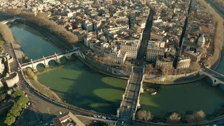 Aerial view of the Tiber river, bridges and embankments near Castel SantAngelo castle. Rome, Italyの写真素材