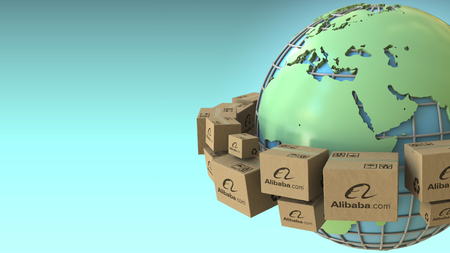 Boxes with Alibaba logo around the world, Europe and Africa emphasized. Conceptual editorial 3D...