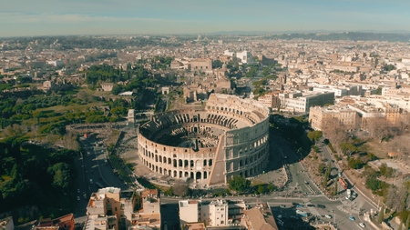 Aerial view of Colosseum or Coliseum amphitheatre in Rome, Italyの写真素材