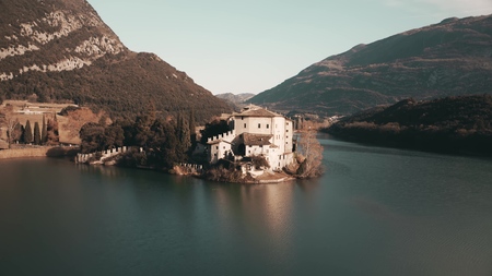 TRENTO, ITALY - DECEMBER 22. 2018. Aerial shot of the Lake Toblino and Castel Toblino castleのeditorial素材