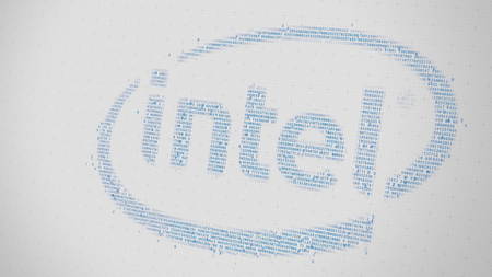 Intel logo being made with many numbers. Digital business conceptual editorial 3D renderingのeditorial素材