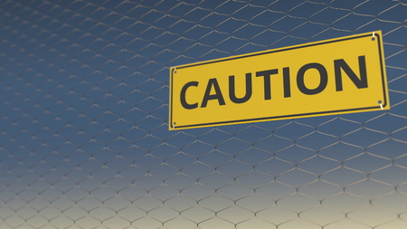 CAUTION sign an a mesh wire fence against blue sky. 3D renderingの写真素材