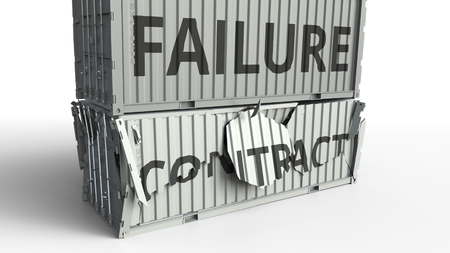 Container with CONTRACT text being broken by cargo container with FAILURE inscription. Conceptual 3D renderingの写真素材