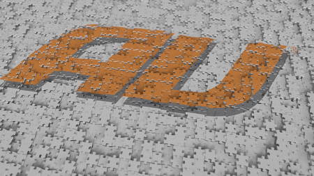 AU logo being composed with puzzle pieces, editorial 3D renderingのeditorial素材