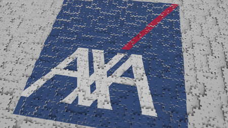 Logo of AXA being made with puzzle pieces, editorial 3D renderingのeditorial素材