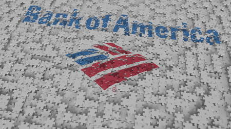 Logo of BANK OF AMERICA being made with puzzle pieces, editorial 3D renderingのeditorial素材
