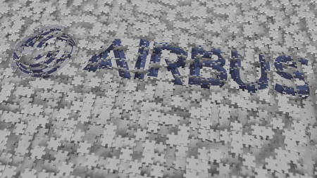 Logo of AIRBUS being made with puzzle pieces, editorial 3D renderingのeditorial素材