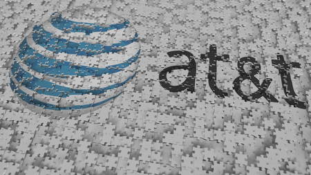 Logo of AT&T being made with puzzle pieces, editorial 3D rendering