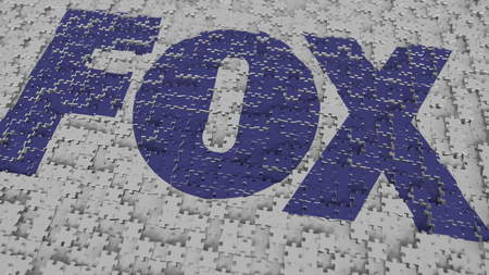FOX logo composing with puzzle pieces, editorial 3D rendering