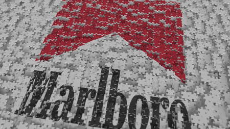 MARLBORO logo being composed with puzzle pieces, editorial 3D renderingのeditorial素材