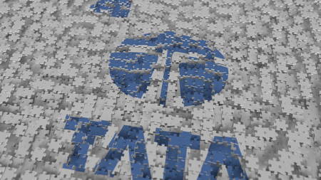 TATA logo composing with puzzle pieces, editorial 3D rendering
