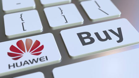 Keyboard with HUAWEI company logo and Buy text on the keys. Editorial conceptual 3D renderingのeditorial素材