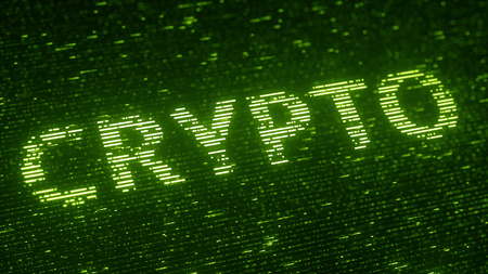 Green CRYPTO word made with flying luminescent particles. Information technology related loopable 3D...