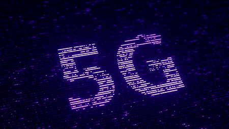Purple 5G text made with flying luminescent particles. Mobile technology related loopable 3D renderingの写真素材
