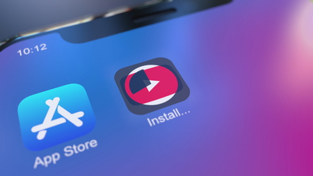 Installing YouTube app on the modern iPhone smartphone. Editorial 3D renderingのeditorial素材