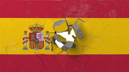 Breaking wall with painted flag of Spain. Spanish crisis conceptual editorial 3D rendering